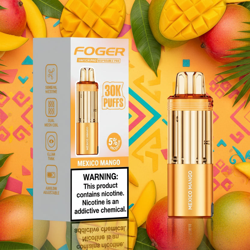 Foger vape device with packaging and warning label on a white background