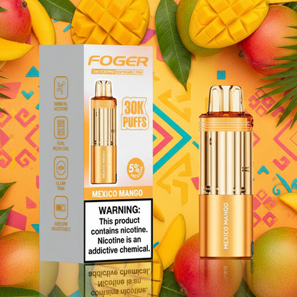 Foger vape device with packaging and warning label on a white background