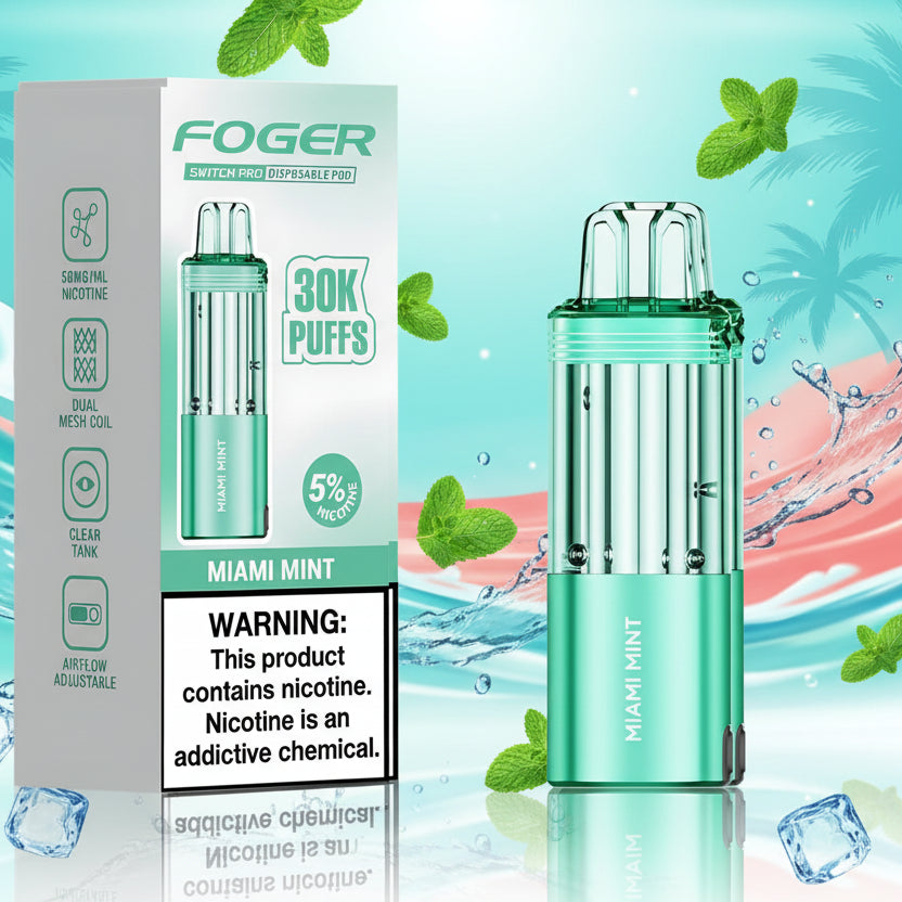 Green vape pen with packaging labeled 'Foger' on a white background