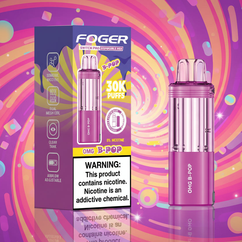 Pink vape pen with packaging displaying 'Foger' branding and nicotine warning label.