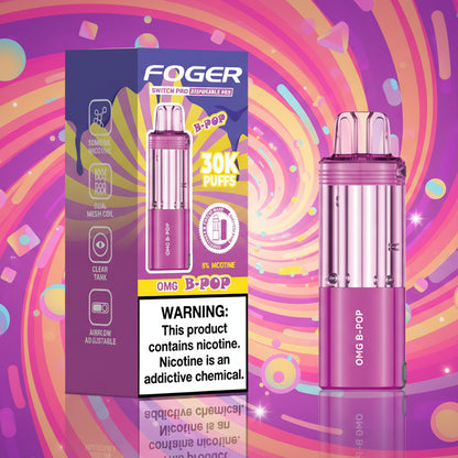 Pink vape pen with packaging displaying 'Foger' branding and nicotine warning label.