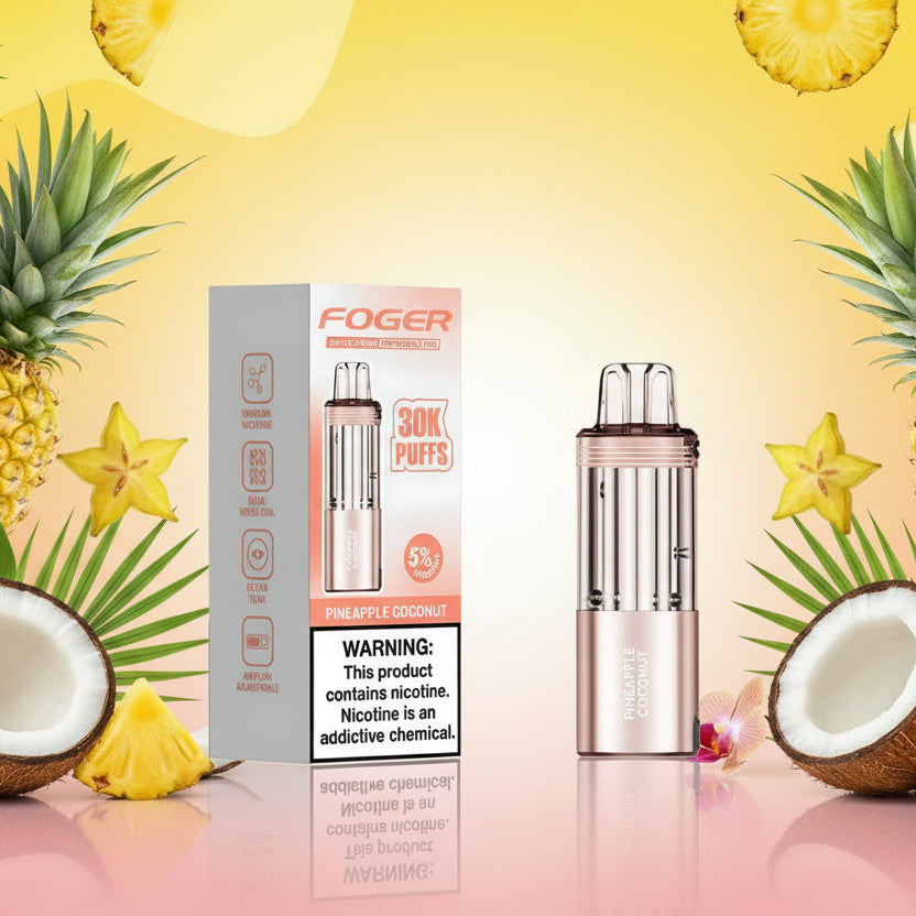 Foger Pineapple Coconut vape pen with packaging on a white background