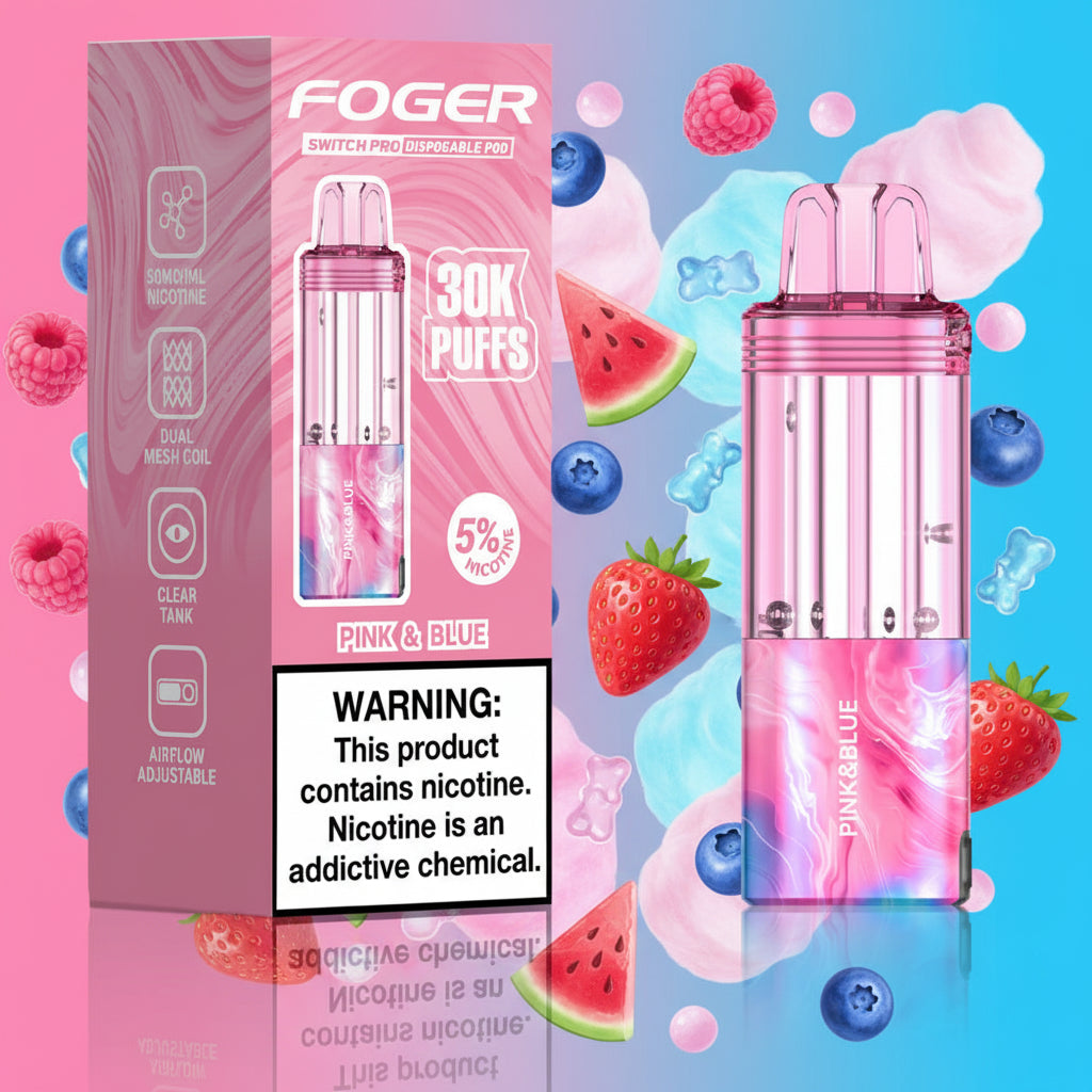 Pink vape device with packaging displaying 'FOGER' branding and nicotine warning label.