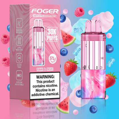 Pink vape device with packaging displaying 'FOGER' branding and nicotine warning label.