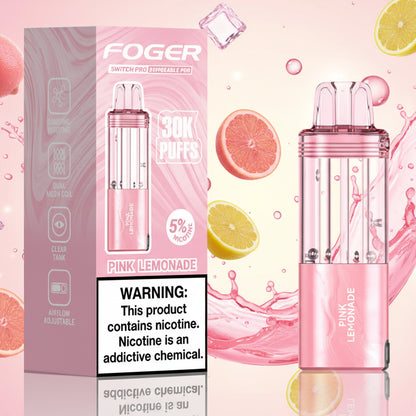 Pink lemonade vape pen with packaging and warning label on a white background
