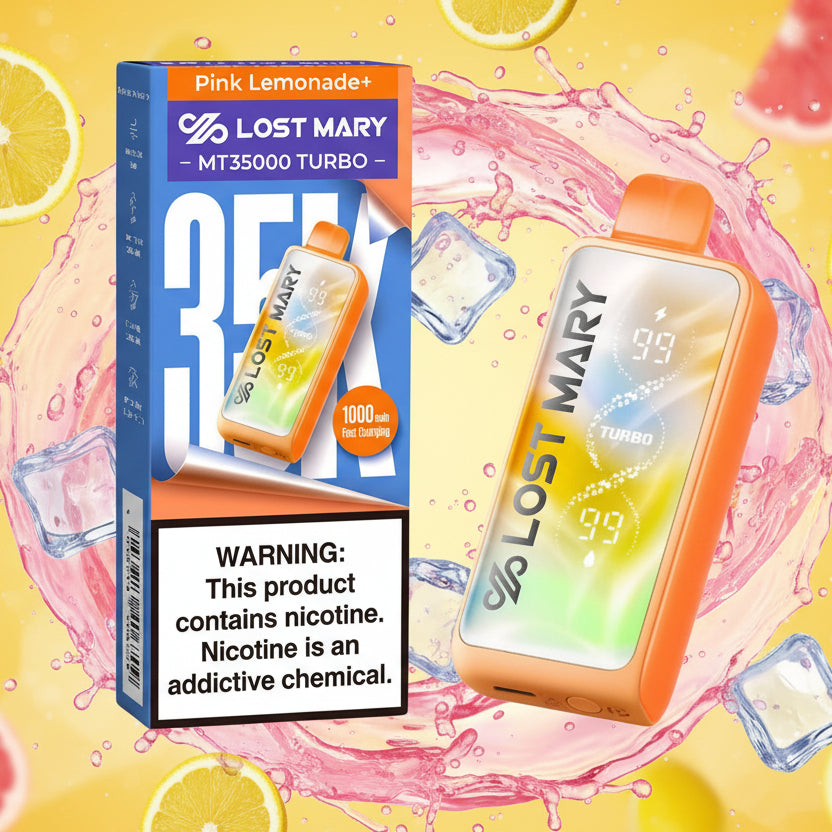 Lost Mary MT35000 Turbo vape device and packaging with nicotine warning label.