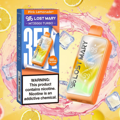 Lost Mary MT35000 Turbo vape device and packaging with nicotine warning label.