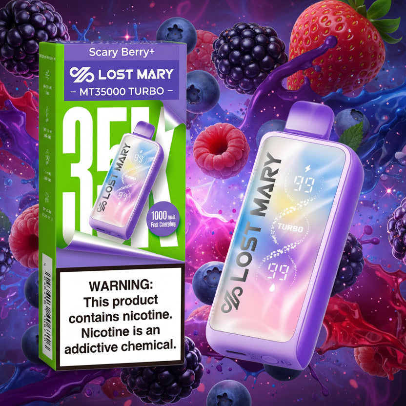 Lost Mary MT35000 Turbo vape device with packaging and nicotine warning label on a white background
