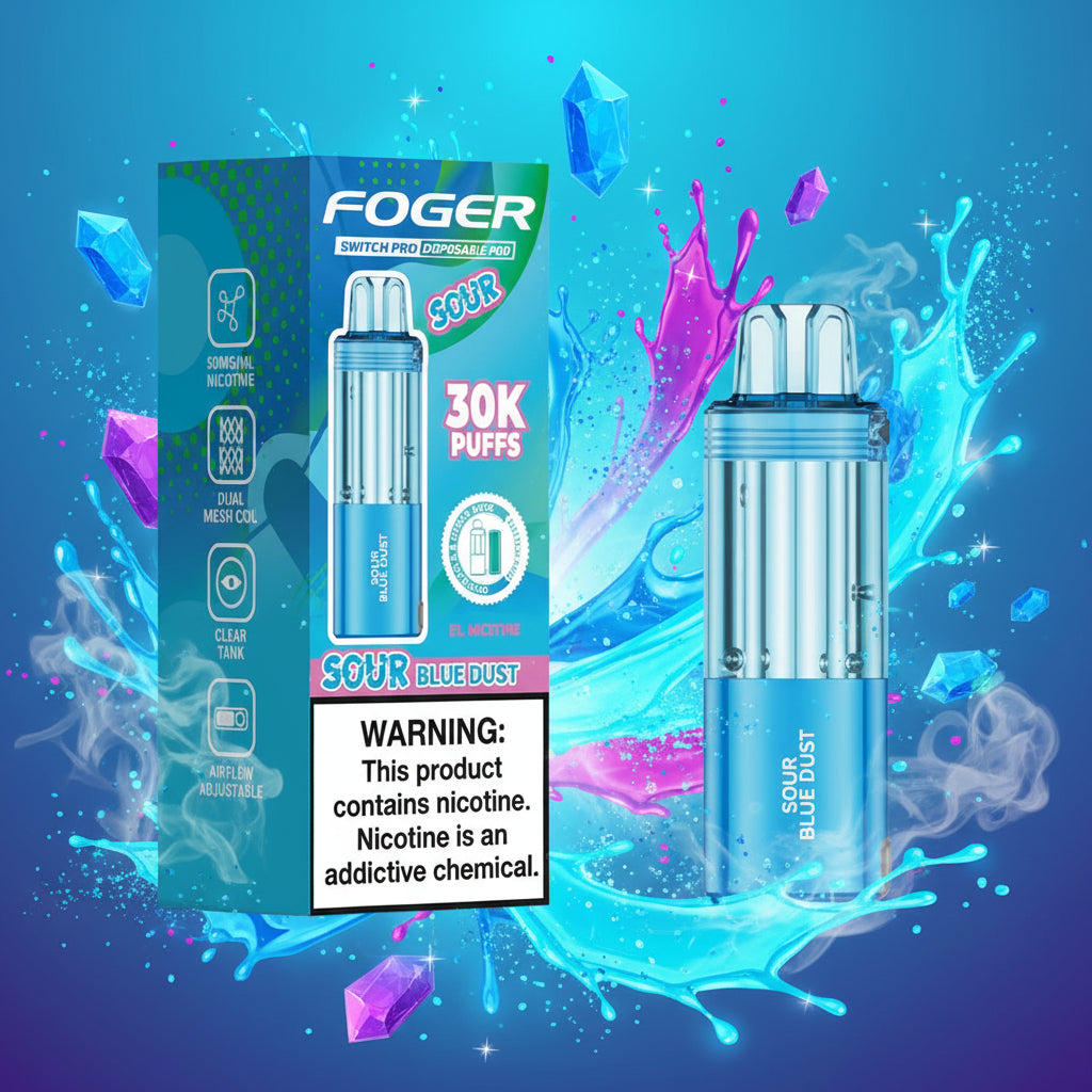 Foger vape device and packaging with blue and white design on a white background