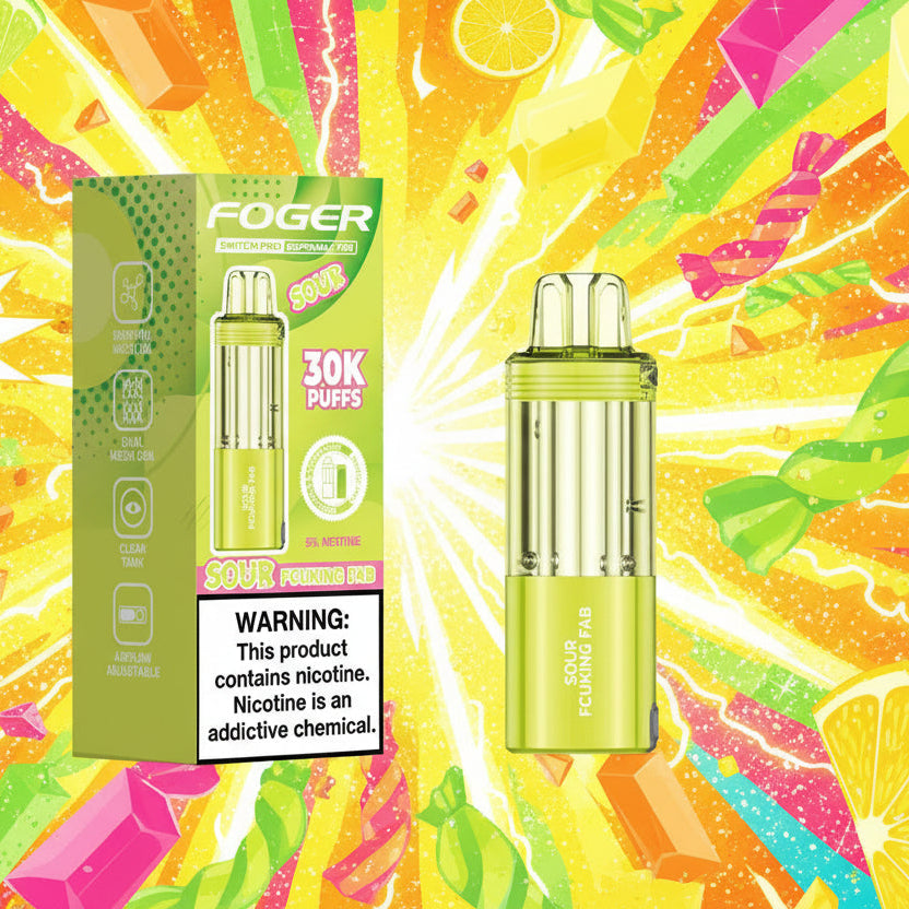 FOGER vape device and packaging with nicotine warning label on a white background