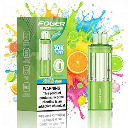 Green vape device with packaging displaying 'FOGER' branding and nicotine warning label.