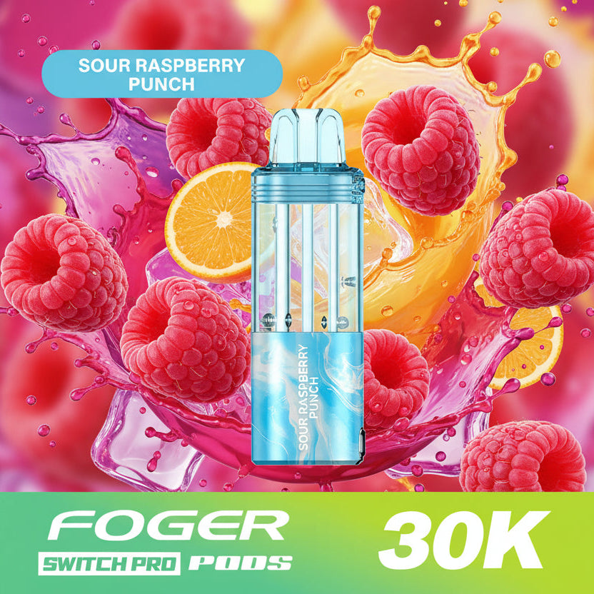 Blue vape pod with 'Sour Raspberry Punch' flavor on a white background, featuring the brand 'FOGER'.