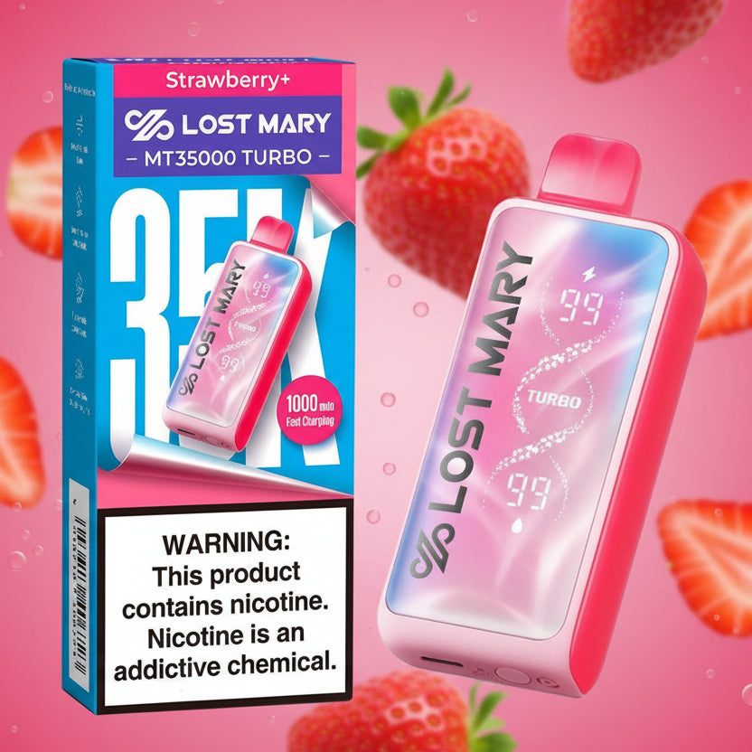 Lost Mary MT35000 Turbo vape device with packaging and nicotine warning label.