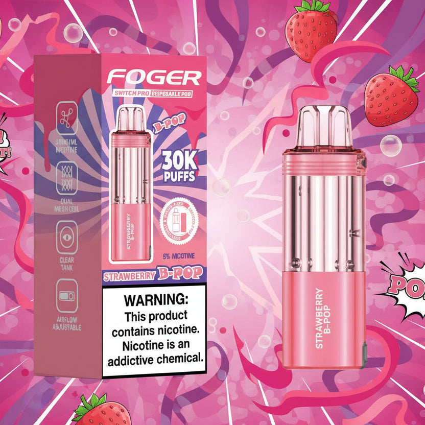 Pink vape device with 'Foger' branding and packaging on a white background