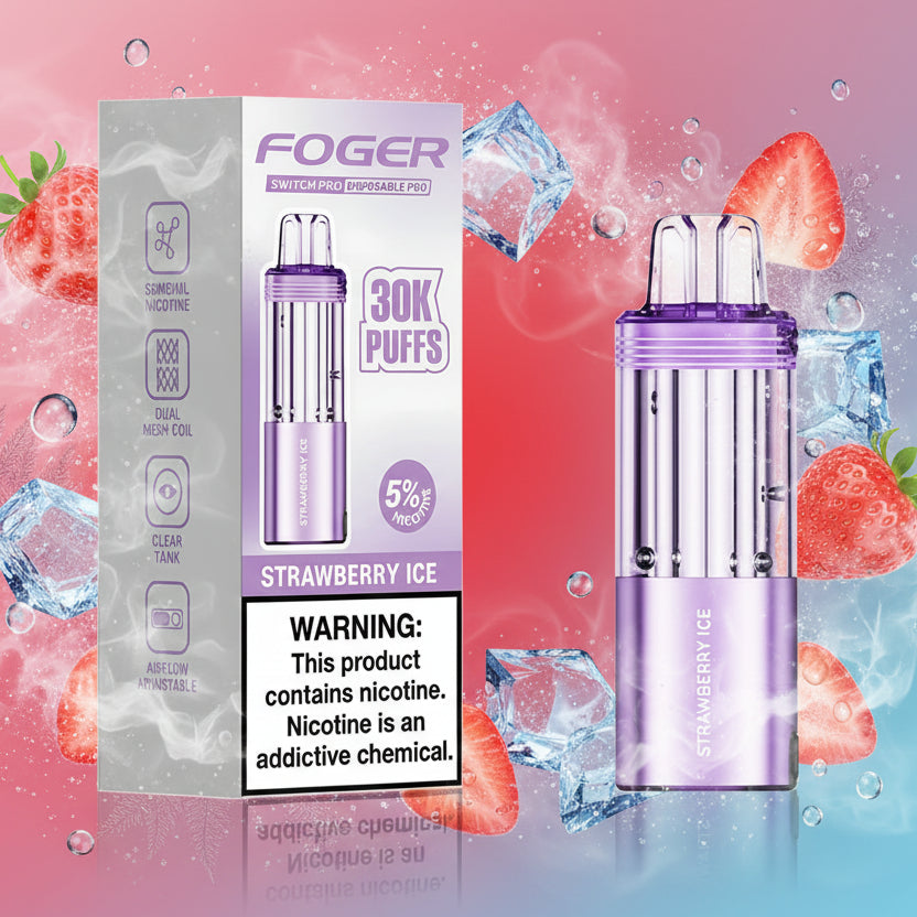Purple vape pen with packaging labeled 'Foger' on a white background