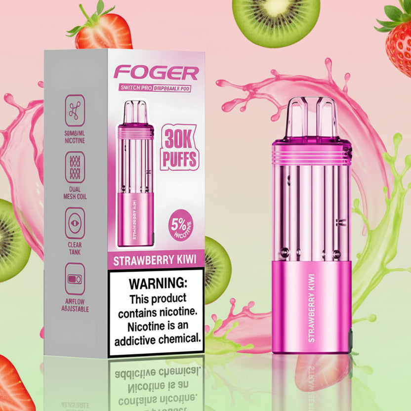 Pink vape device with 'Foger' packaging on a white background