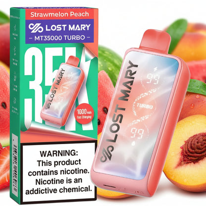 Lost Mary MT35000 Turbo vape device with packaging and warning label on a white background