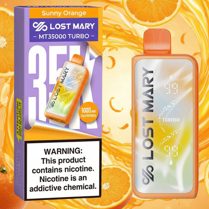 Lost Mary MT35000 Turbo vape device and packaging with nicotine warning label.