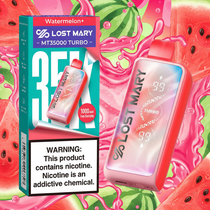 Lost Mary MT35000 Turbo vape device with packaging and nicotine warning label.