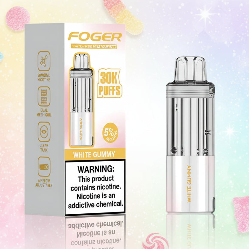 Foger vape device with packaging and warning label on a white background