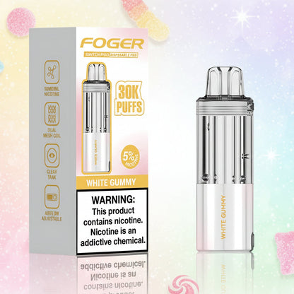 Foger vape device with packaging and warning label on a white background